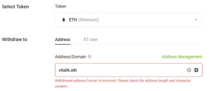 XT.com Exchange doesn't allow ENS names as the recipient in the withdraw flow