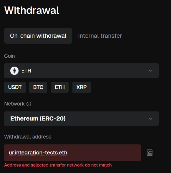 Bitunix exchange doesn't allow ENS name as recipient in the withdrawal flow