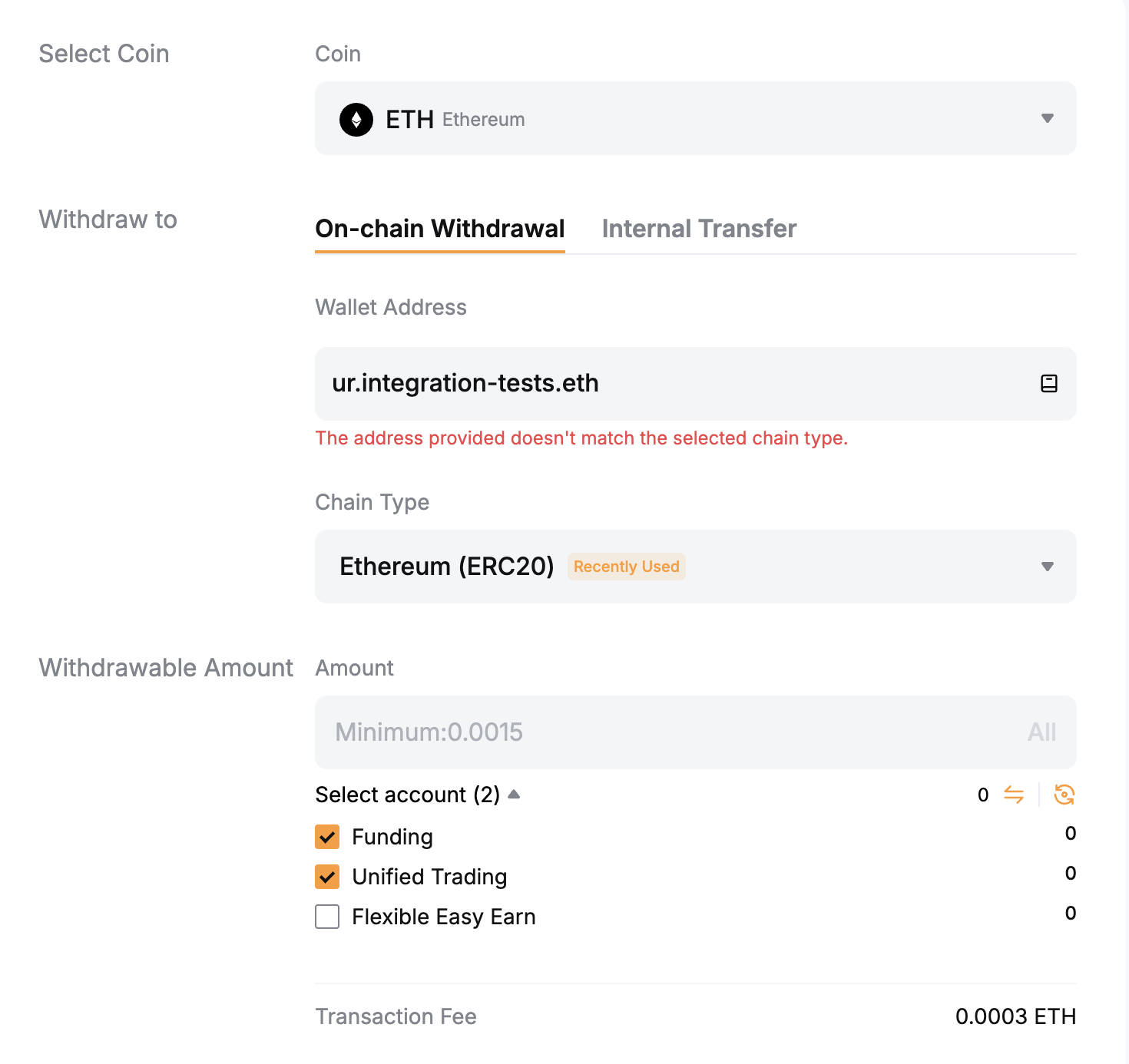 Bybit exchange doesn't allow ENS name as recipient in the withdrawal flow