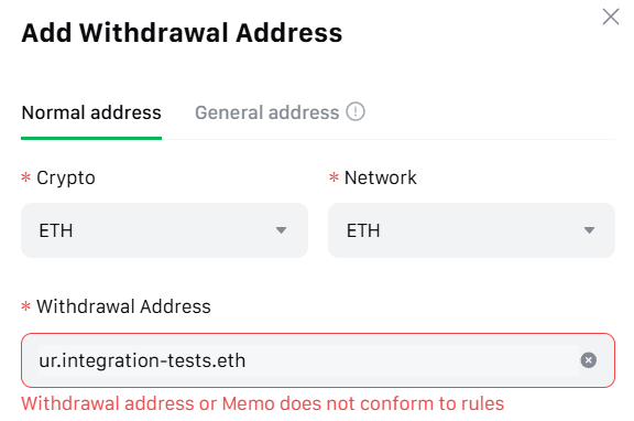 Ourbit exchange doesn't allow ENS name as recipient in the Address management feature
