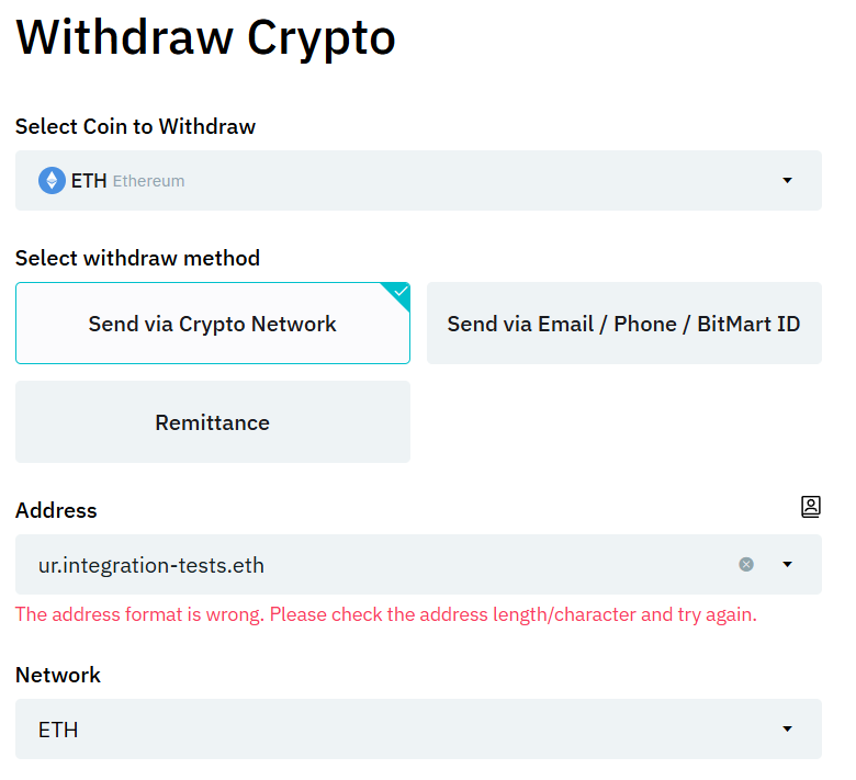 BitMart exchange doesn't allow ENS name as recipient in the withdrawal flow