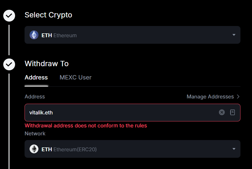 MEXC Exchange doesn't allow ENS names as the recipient in the withdrawal flow